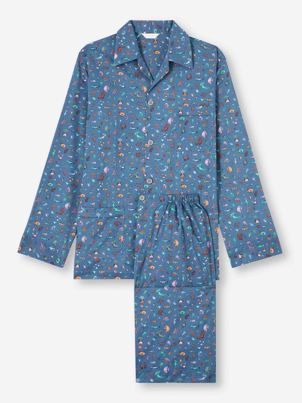 derek rose Men's Classic Fit Pajamas Cotton Batiste Blue Sea Friends Print Mid Blue