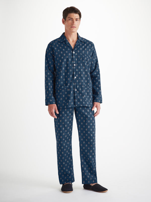 Derek Rose Men's Classic Fit Pajamas Cotton Batiste Navy Badge Print Navy
