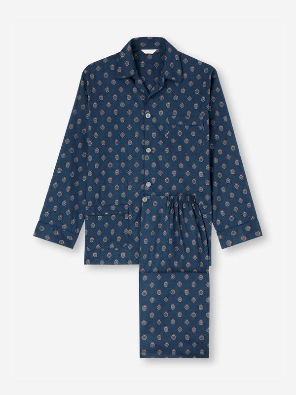 derek rose Men's Classic Fit Pajamas Cotton Batiste Navy Badge Print Navy