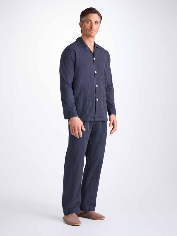 Derek Rose Men's Classic Fit Pajamas Cotton Batiste Navy Pin Dot Print Navy
