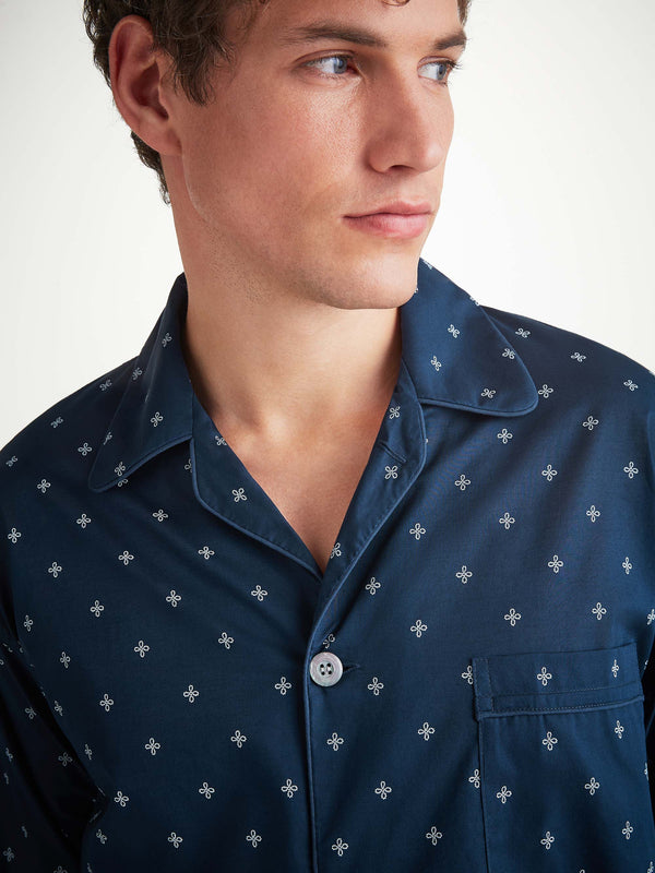 Derek Rose Men's Classic Fit Pajamas Cotton Batiste Navy Sailor's Knot Print Navy