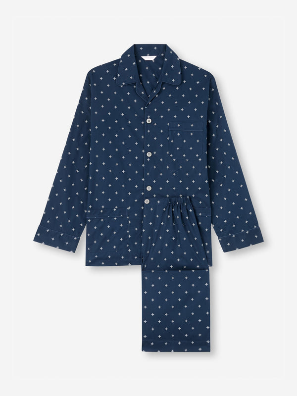 derek rose Men's Classic Fit Pajamas Cotton Batiste Navy Sailor's Knot Print Navy