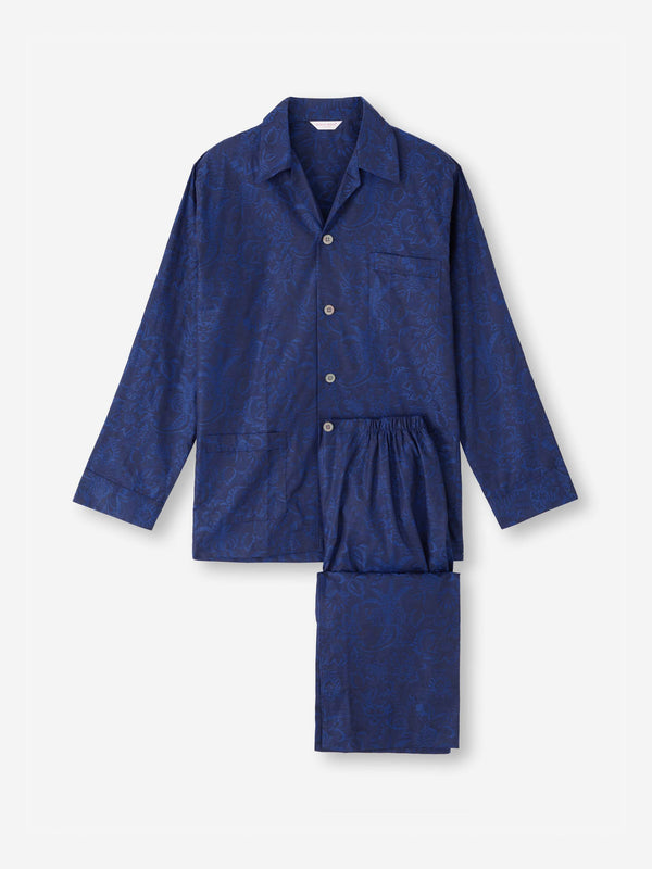 derek rose Men's Classic Fit Pajamas Cotton Jacquard Navy Jungle Paisley Pattern Navy