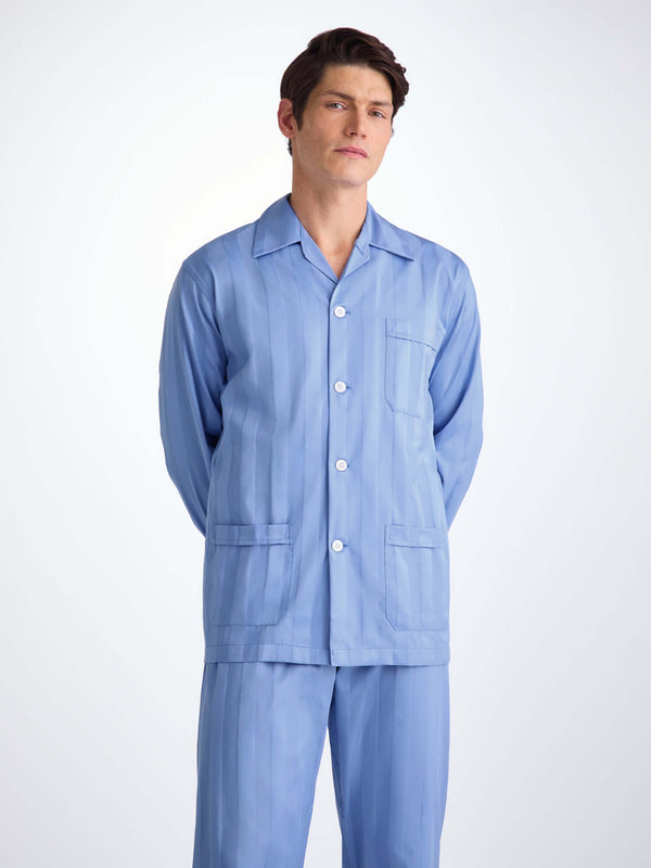 Derek Rose Men's Classic Fit Pajamas Lingfield Cotton French Mid Blue