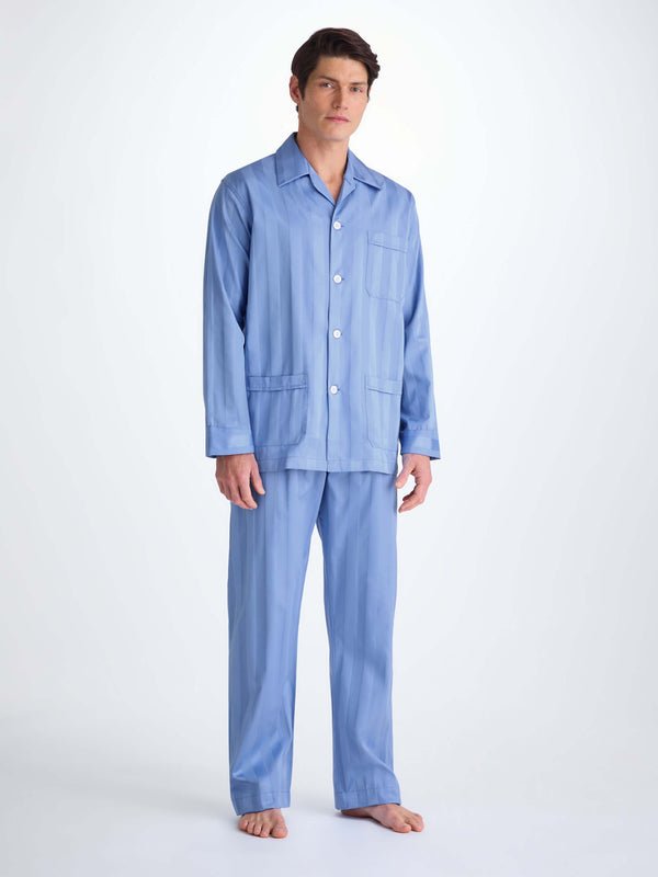 Derek Rose Men's Classic Fit Pajamas Lingfield Cotton French Mid Blue