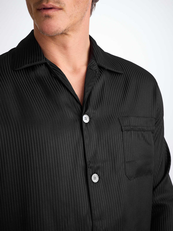 Derek Rose Men's Classic Fit Pajamas Woburn 8 Silk Satin Black Black