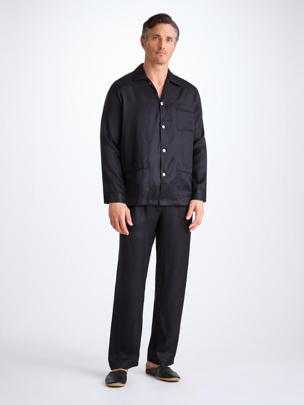 Derek Rose Men's Classic Fit Pajamas Woburn 8 Silk Satin Black Black