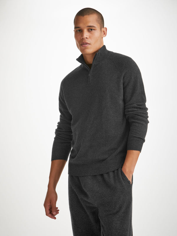 Derek Rose Men's Half-Zip Sweater And Track Pants Set Finley Cashmere Charcoal Charcoal