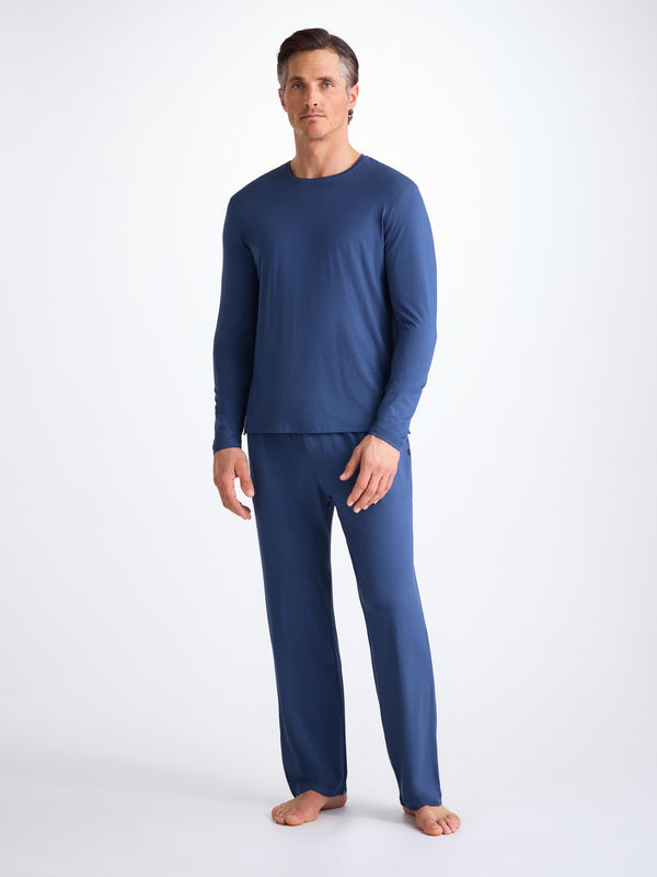 Derek Rose Men's Long Sleeve T-Shirt Basel Micro Modal Stretch Sapphire Sapphire