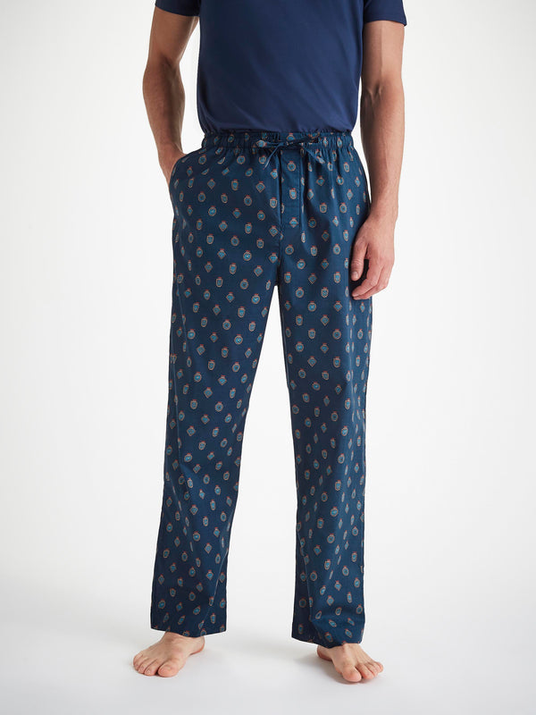 Derek Rose Men's Lounge Pants Cotton Batiste Navy Badge Print Navy
