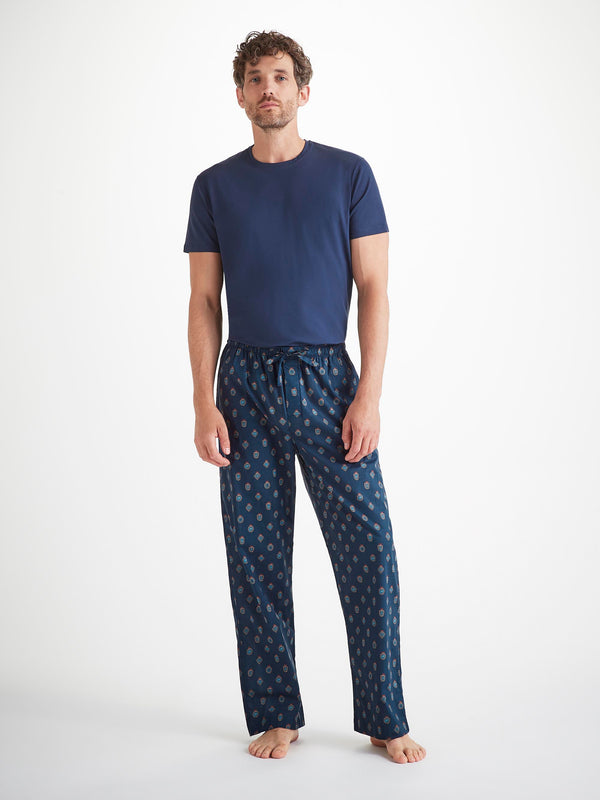Derek Rose Men's Lounge Pants Cotton Batiste Navy Badge Print Navy