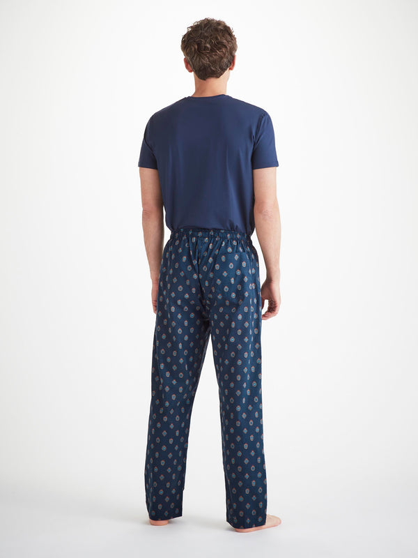 Derek Rose Men's Lounge Pants Cotton Batiste Navy Badge Print Navy