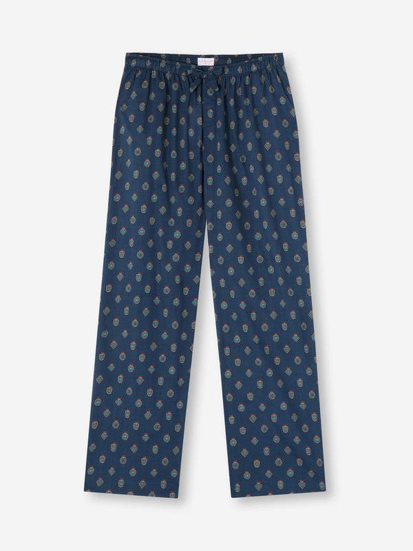derek rose Men's Lounge Pants Cotton Batiste Navy Badge Print Navy