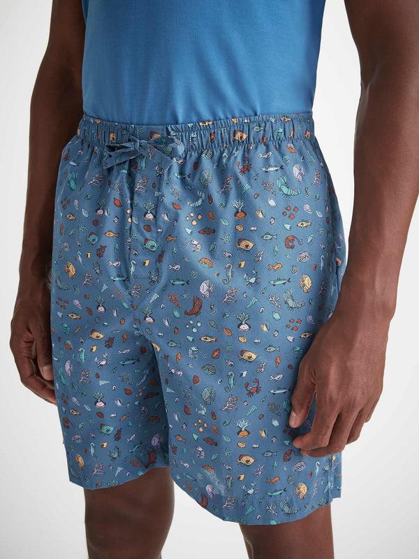 Derek Rose Men's Lounge Shorts Cotton Batiste Blue Sea Friends Print Mid Blue