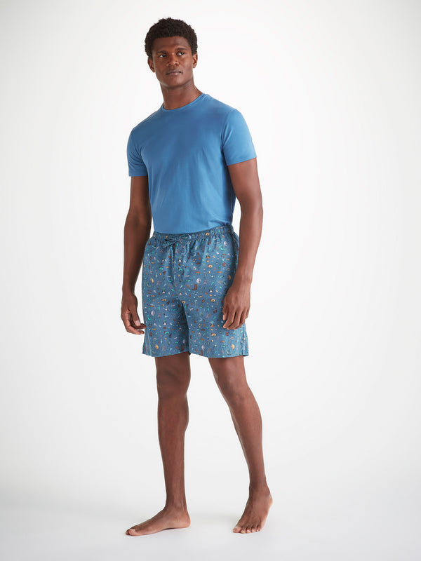 Derek Rose Men's Lounge Shorts Cotton Batiste Blue Sea Friends Print Mid Blue