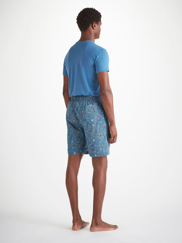 Derek Rose Men's Lounge Shorts Cotton Batiste Blue Sea Friends Print Mid Blue