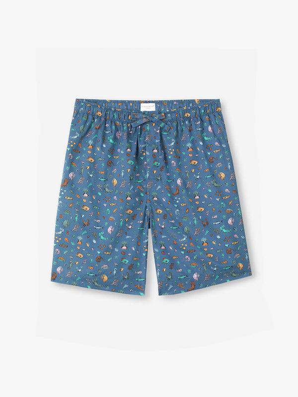 derek rose Men's Lounge Shorts Cotton Batiste Blue Sea Friends Print Mid Blue