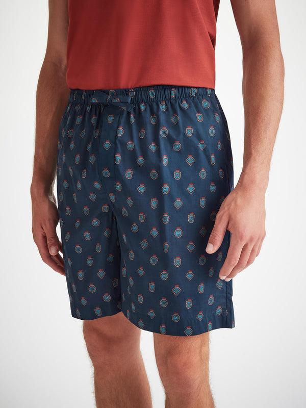 Derek Rose Men's Lounge Shorts Cotton Batiste Navy Badge Print Navy