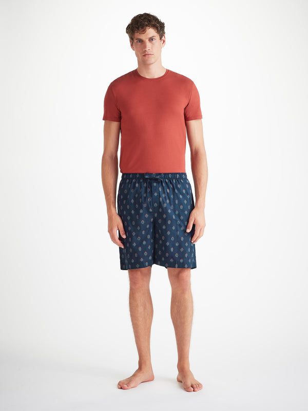 Derek Rose Men's Lounge Shorts Cotton Batiste Navy Badge Print Navy
