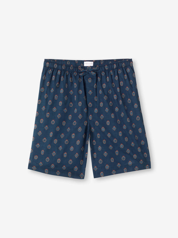 derek rose Men's Lounge Shorts Cotton Batiste Navy Badge Print Navy