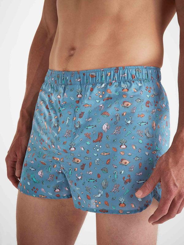 Derek Rose Men's Modern Fit Boxers Cotton Batiste Blue Sea Friends Print Mid Blue