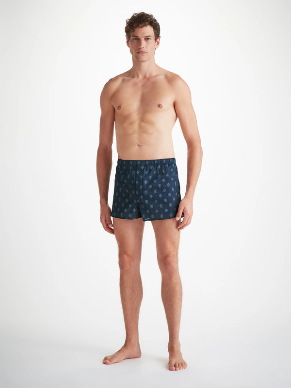 Derek Rose Men's Modern Fit Boxers Cotton Batiste Navy Badge Print Navy