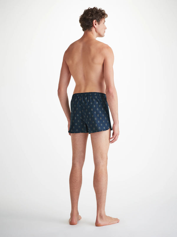Derek Rose Men's Modern Fit Boxers Cotton Batiste Navy Badge Print Navy