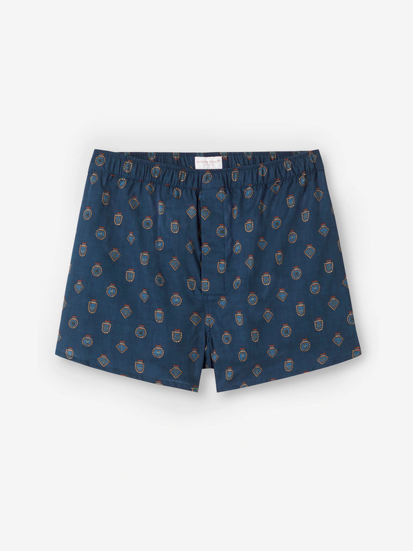 derek rose Men's Modern Fit Boxers Cotton Batiste Navy Badge Print Navy