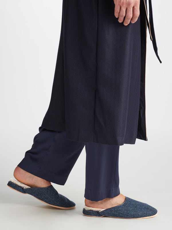 Derek Rose Men's Mule Slippers Douglas 2 Harris Tweed Sheepskin Navy Navy