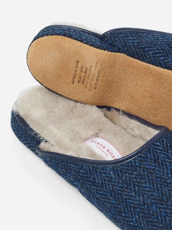 Derek Rose Men's Mule Slippers Douglas 2 Harris Tweed Sheepskin Navy Navy