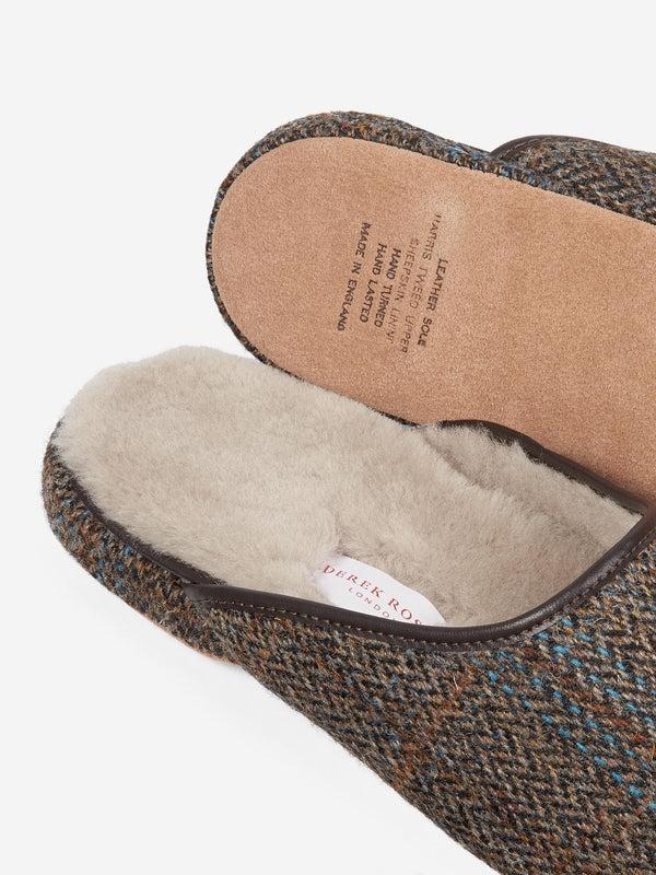 Derek Rose Men's Mule Slippers Douglas 2 Harris Tweed Sheepskin Beige Beige
