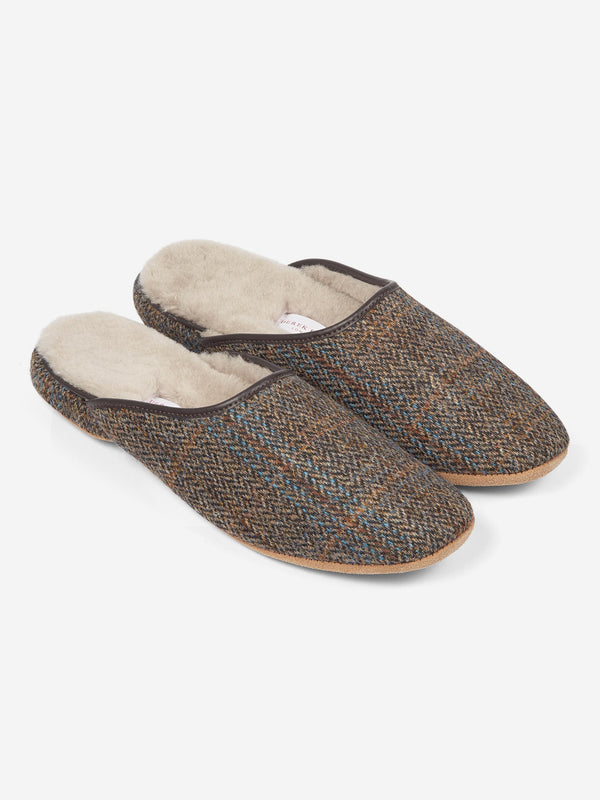 derek rose Men's Mule Slippers Douglas 2 Harris Tweed Sheepskin Beige Beige