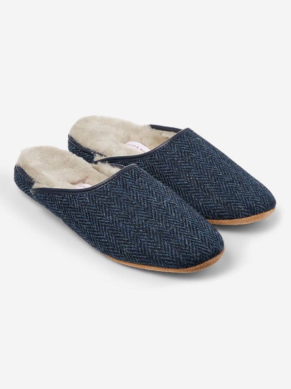 derek rose Men's Mule Slippers Douglas 2 Harris Tweed Sheepskin Navy Navy