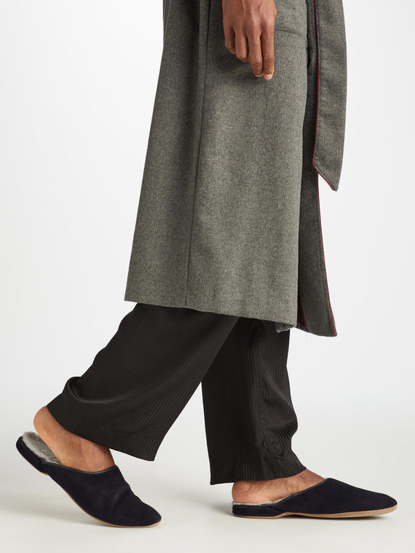 Derek Rose Men's Mule Slippers Douglas Suede Sheepskin Black Black