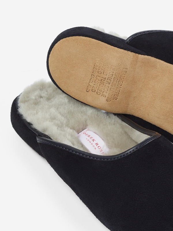 Derek Rose Men's Mule Slippers Douglas Suede Sheepskin Black Black
