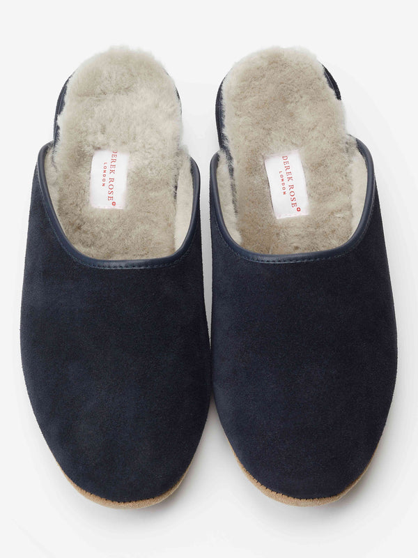 Derek Rose Men's Mule Slippers Douglas Suede Sheepskin Navy Navy
