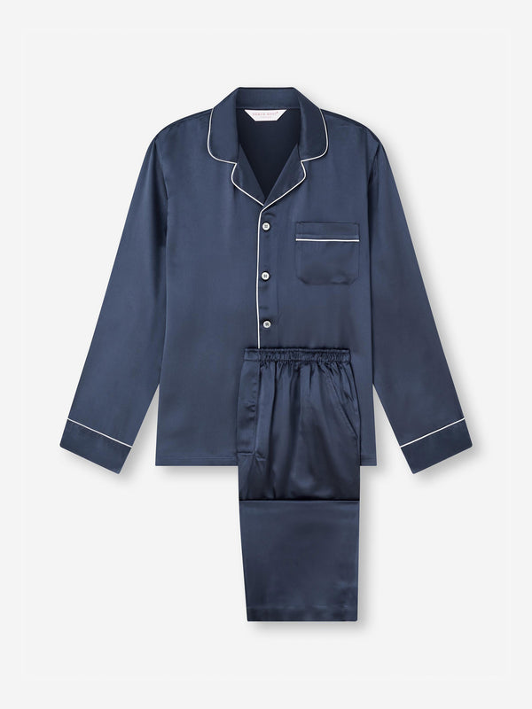 derek rose Men's Pajamas Bailey Silk Satin Navy Navy