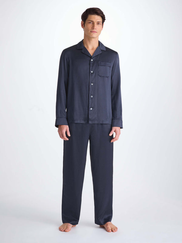 Derek Rose Men's Pajamas Silk Satin Navy Micro Dot Print Navy