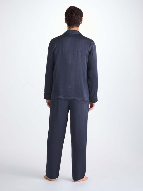 Derek Rose Men's Pajamas Silk Satin Navy Micro Dot Print Navy