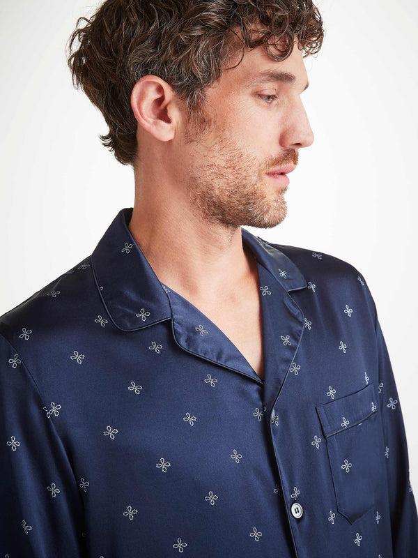 Derek Rose Men's Pajamas Silk Satin Navy Sailor's Knot Print Navy