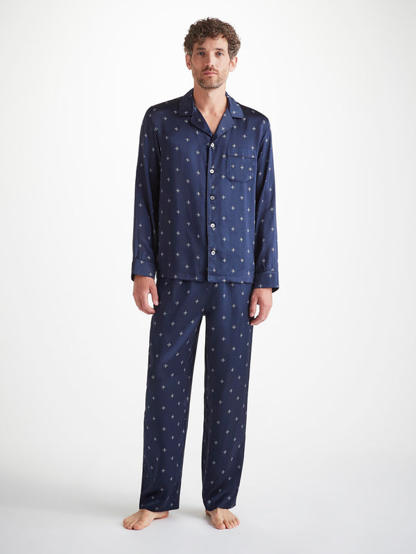 Derek Rose Men's Pajamas Silk Satin Navy Sailor's Knot Print Navy