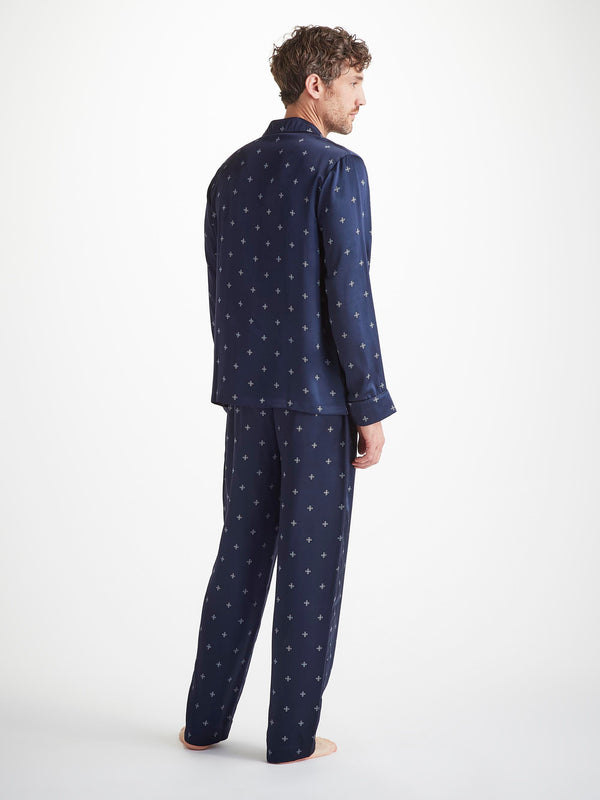 Derek Rose Men's Pajamas Silk Satin Navy Sailor's Knot Print Navy