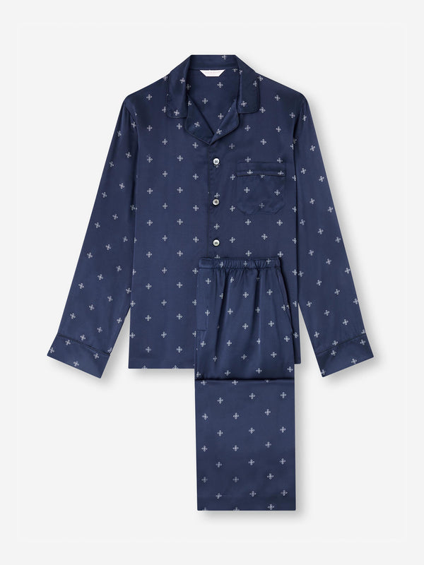 Derek Rose Men's Pajamas Silk Satin Navy Sailor's Knot Print Navy