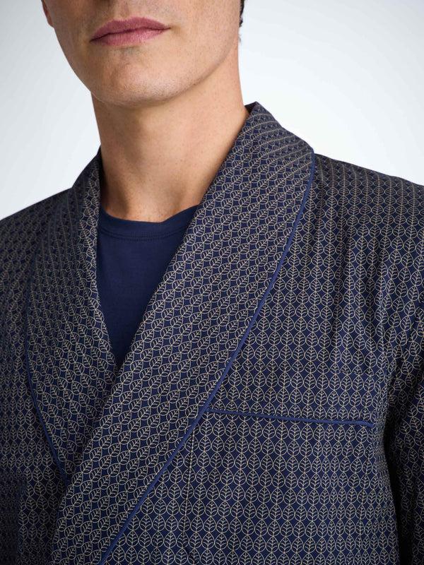 Derek Rose Men's Robe Cotton Batiste Navy Jungle Leaf Print Navy