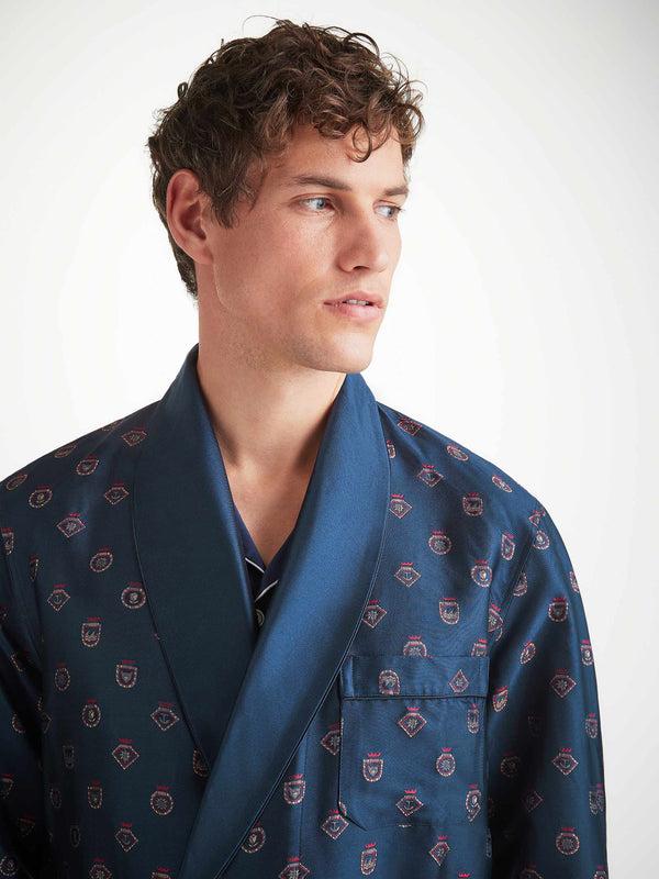 Derek Rose Men's Robe Silk Jacquard Navy Badge Pattern Navy