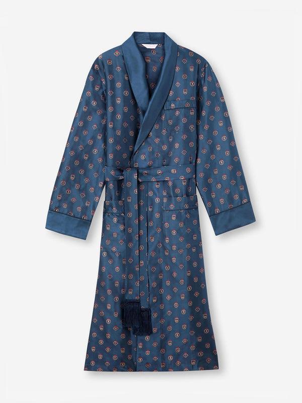 derek rose Men's Robe Silk Jacquard Navy Badge Pattern Navy