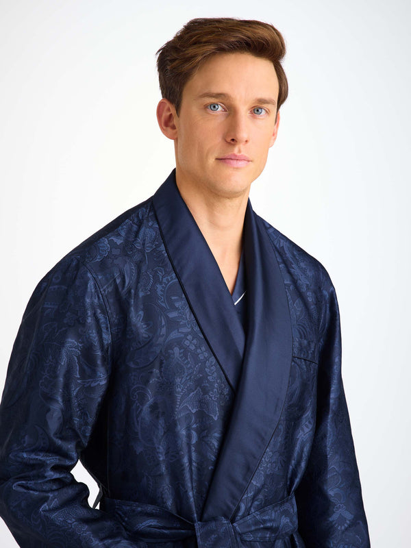 Derek Rose Men's Robe Silk Jacquard Navy Jungle Paisley Pattern Navy