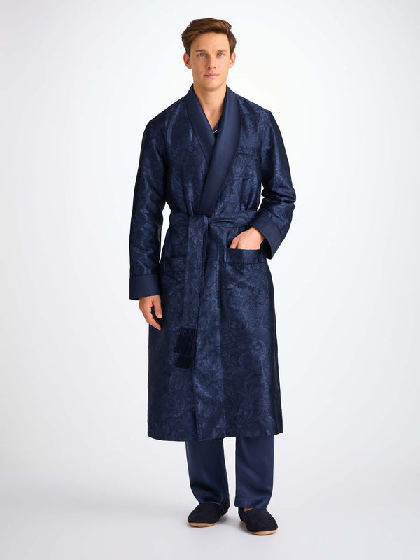 Derek Rose Men's Robe Silk Jacquard Navy Jungle Paisley Pattern Navy