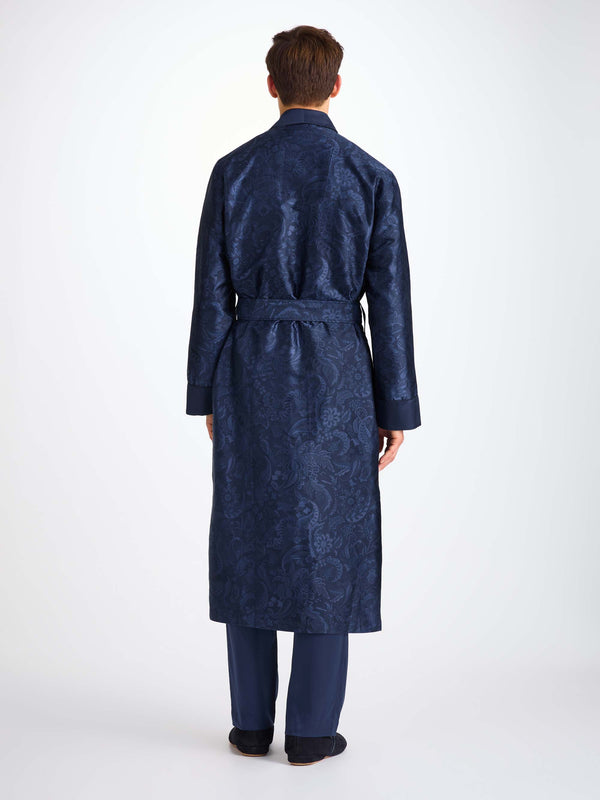 Derek Rose Men's Robe Silk Jacquard Navy Jungle Paisley Pattern Navy