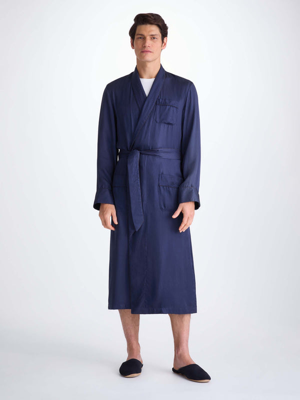 Derek Rose Men's Robe Woburn 8 Silk Satin Navy Navy